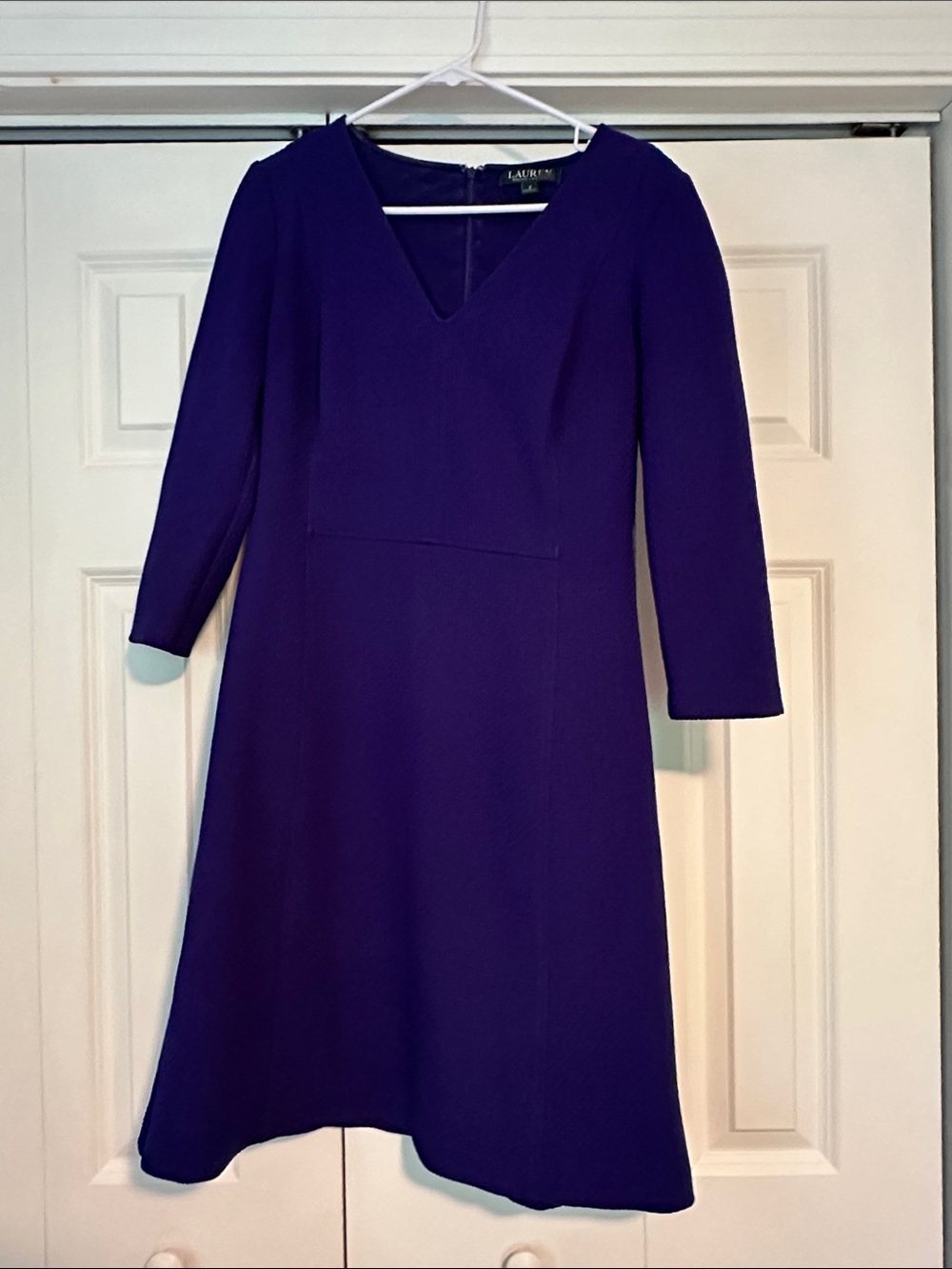 Lauren Ralph Lauren Deep Purple/Royal Blue V-Neck Long Sleeve A-Line Dress